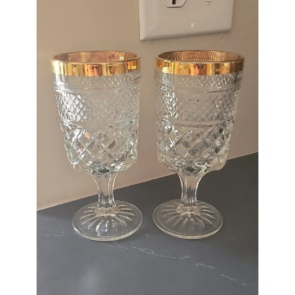 Anchor Hocking Wexford Clear Cut, Gold Rim Glass Water Goblets- Set of 2